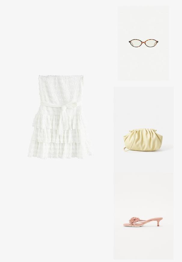Rochie albă cu volane, realizată dintr-un material texturat, având un bust elastic și o curea legată în talie. Straturile au margini ondulate.; Sandale slide de culoare roz deschis, cu un detaliu texturat sub formă de floare pe curea și un toc mic. Material moale și design deschis.; Ochelari cu ramă din tartan, cu lentile ovale și un finisaj elegant, neted. Prezintă margini subțiri cu o curbură subtilă la tâmple. Lentile clare.; Geantă pliată galbenă dintr-un faux leather neted, cu o formă moale, având un singur mânere pentru umăr și un design cu partea superioară gathered.
