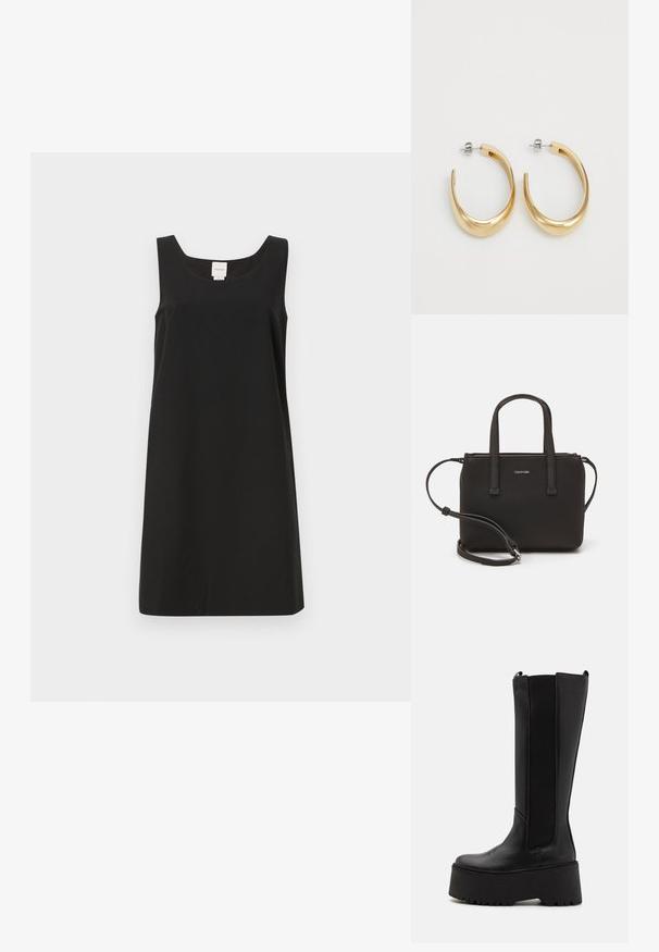 Vestido negro sin mangas con escote cuadrado y corte recto, fabricado en tejido suave. Presenta un diseño minimalista y sin herrajes visibles.; Bota negra hasta la rodilla con un cuerpo de cuero suave, paneles laterales elásticos y una suela de plataforma gruesa con un fondo texturizado.; Bolso de mano negro con dos asas cortas y una correa de hombro removible. Material suave tipo cuero con cierre de cremallera y detalle del logo.; Pendientes de aro color dorado con un diseño suave y curvado. Hechos de metal, con un acabado elegante y cierre de tipo post-back.