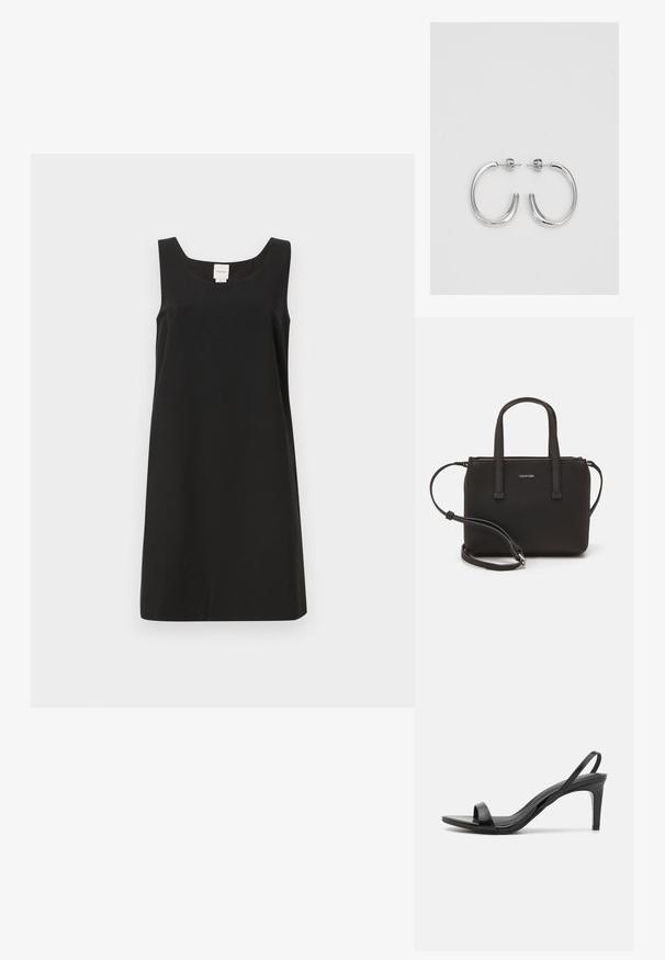 Musthave musträtik, millel on ruudukujuline kaelus ja sirge lõige, valmistatud pehmest kangast. Omab minimaalset disaini ja nähtavat riistvara ei ole.; Mustad kõrged kontsad mustades sandaalides, millel on õhuke rihm varvaste kohal ja peen tagarihm. Sile ja läikiv materjal koos minimalistliku disainiga.; Musthave mustrans vöö ja eemaldatav õlarihm. Gludike nahk siledaga, millel on tõmblukk ja logo detail.; Musthave mustrans vöö ja eemaldatav õlarihm. Gludike nahk siledaga, millel on tõmblukk ja logo detail.; Hõbedased rõngaskõrvarõngad, millel on sile ja läikiv pind. Ümar kuju, kerge disain, millel on post-tagumise kinnituse süsteem.