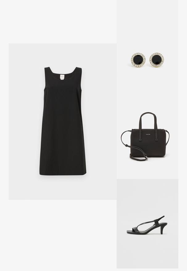 Musthave musträtik, millel on ruudukujuline kaelus ja sirge lõige, valmistatud pehmest kangast. Omab minimaalset disaini ja nähtavat riistvara ei ole.; Mustad musta kõrge kontsaga sandaalid, millel on õhuke rihmastik, ruudukujuline nina ja keskmise kõrgusega plokknina. Valmistatud siledast nahast mattviimistlusega.; Musthave mustrans vöö ja eemaldatav õlarihm. Gludike nahk siledaga, millel on tõmblukk ja logo detail.; DKNY INLAY STUD - Kõrvarõngad - black/gold-coloured