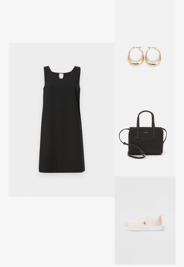 Čierne šaty bez rukávov so štvorcovým výstrihom a rovnými línami, vyrobené z mäkkej tkaniny. Majú minimalistický dizajn a žiadne viditeľné kovania.; Biele športové tenisky z mriežkového materiálu s textúrovaným povrchom, svetlo béžovými akcentmi, zvýšenou bielou podrážkou a červeným logom "CK" na boku.; Čierna kabelka s dvojitými krátkymi rúčkami a odnímateľným ramenným popruhom. Hladký materiál podobný koži s uzatváraním na zips a detailom loga.; Zlaté kruhové náušnice s polmesiacovým tvarom, lešteným povrchom a pántovým uzáverom. Hladká textura a reflexný lesk zvyšujú viditeľnosť.