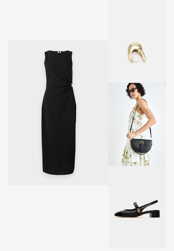 Ermeløs svart midi-kjole med rund hals og sidetrykksdetalj festet med en gullspenne i midjen.; Svart lær slingback-sko med rund tå, med en glossert hæl og et gullakcent på stroppen, sikret med en liten blokkhæls.; Svart lærveske med en buet form, avtagbar stropp og gullbeslag. Vesken har et klaff med spenne-detall.; Gullfarget metalløredobber med et elegant, buet design. Har en karakteristisk spiss form, polert overflate og hengsel-lukking.