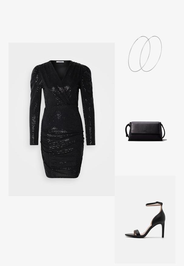 Musta paljettil Dressi, jossa on pitkät hihat, syvä V-pääntie, rypistyksiä vyötäröllä ja istuva siluetti, joka on valmistettu sileästä materiaalista.; Mustat nahkaiset korkokengät, joissa on ohut nilkkahihna, avonainen varvas sekä minimalistinen muotoilu, johon kuuluu sileä tekstuuri ja saumatonta viimeistelyä.; Musta nahkainen clutch-laukku, jossa on suorakulmainen muoto, sileä pinta, litteä läpän sulkumekanismi ja pieni kahva sivussa. Mukana hienovarainen logo.; Hopehope hopeilla, joissa on minimalistinen muotoilu. Pyöreä muoto, sileä pinta ja ohut profiili. Kevyet ja kiillotetut.