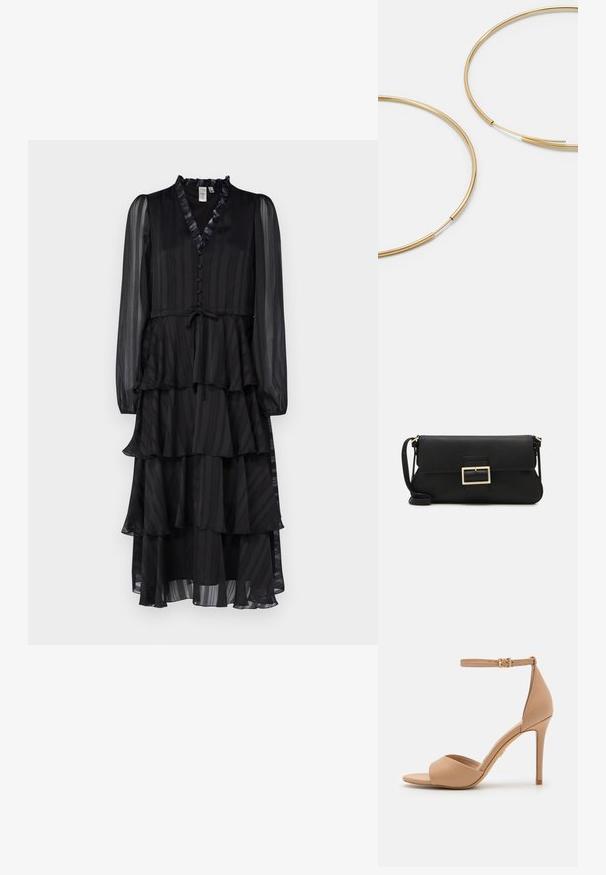 Juoda sluoksniuota suknelė, pagaminta iš lengvos medžiagos, su ilgomis permatomomis rankovėmis, raukšlėtu kaklu ir mygtukų detalėmis priekyje.; ALDO CRERIDE PILLOW WALK - Sandalai - beige; Juodas odinis dėkliukas su atvarteliu ir auksinės metalinės sagties detalėmis. Įeina juodas diržas ir elegantiškas, minimalistinis dizainas.; Aukso spalvos žiedo auskarai, ploni ir apvalūs, su lygiu metaliniu paviršiumi be papuošimų ar raštų.