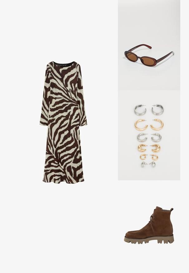 Pitkähihainen mekko, joka on valmistettu pehmeästä kankaasta ja jossa on ruskean ja kermanvärisen seeprahaitapaita. Mekossa on pyöreä kaula-aukko ja väljä siluetti.; Ruske nubuk kiilakot, joissa on pyöreä varvashuuli, nauhakiinnitys edessä ja paksu kumipohja, jossa on voimakkaat urat pitävyyden parantamiseksi.; Pyöreät, ruskehtavat aurinkolasit, joissa on kiiltävä burgundinpunainen runko. Kapeat sivut, joissa on hienovarainen brändäys. Litteät linssit.; Sarjan kahdeksasta metallikorusta, joissa on hopean ja kullan sävyjä. Mukana on erilaisia renkaiden tyylejä, tekstuureja ja viimeistelyjä, järjestetty koon mukaan.