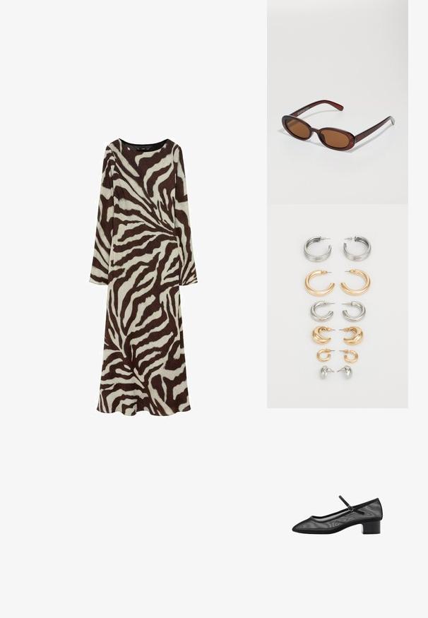 Obleka z dolgimi rokavi, izdelana iz mehkega materiala, s temno rjavimi in kremnimi črtami, ki posnemajo zebro, zaobljenim izrezom in tekočo silhueto.; Črne mrežaste salonarje s zašiljenim nosom, majhnim blokastim petam in trakom okoli gležnja. Imajo gladko teksturo in minimalističen dizajn.; Okrogle, rjavo obarvane sončne naočare z sijočim burgundskim okvirjem. Tanek nosilec s subtilnim logotipom. Oblika leč je ravna.; Komplet osmih kovinskih uhani v srebrnih in zlatih odtenkih. Vključuje različne obroče, stile, teksture in končne obdelave, razporejene po velikosti.