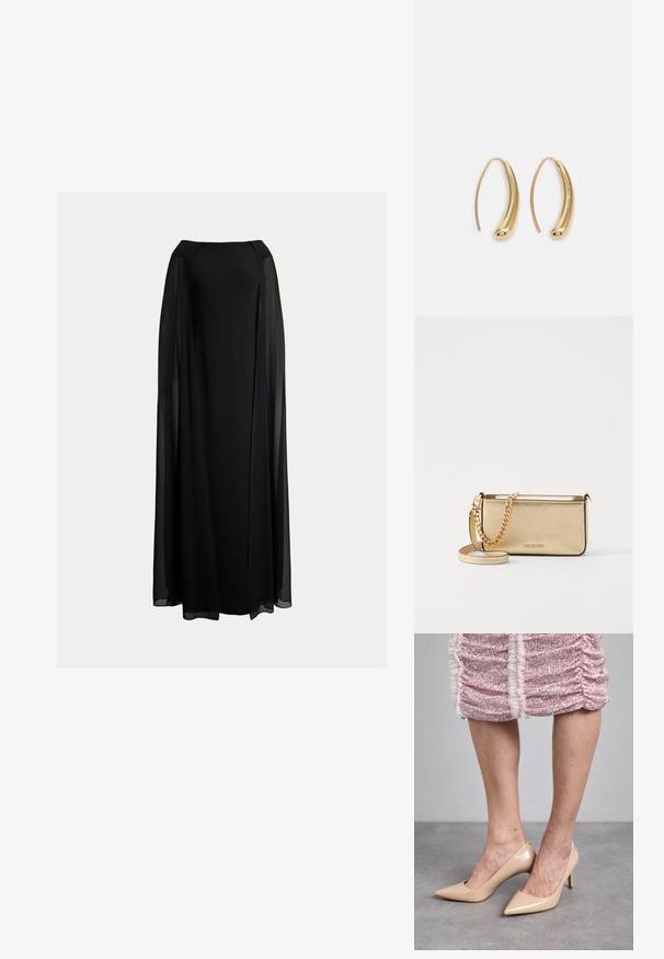 Lauren Ralph Lauren CAPE CHIFFON OFF THE SHOULDER GOWN - Iltapuku - black; Beige patent leather korkokengät, joissa on terävä kärki ja kapeat korkot. Sujuva pinta ja tyylikäs muotoilu. Yhdistetty vaaleanpunaiseen paljettimekkoon.; Metallinen kultainen nahkalaukku tekstuurin viimeistelyllä, jossa on kultaketjuhihna ja irrotettava olkahihna. Brändilogo on kohokuvioitu.; Korvakorut kultasävytteistä metallista, joissa on kaareva, pitkänomainen muoto. Ominaisuuksiin kuuluu sileä, kiiltävä pinta ja pyöreä kärki lisäyksinä.
