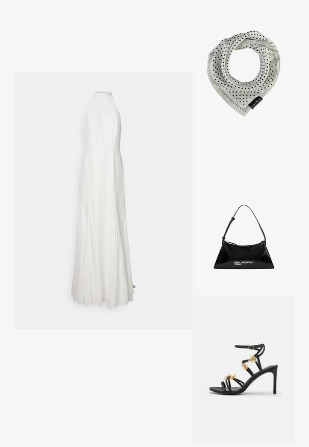 Long, white, halter neck dress with a fitted bodice and flowing skirt. Smooth fabric texture, no visible patterns or accents.; Black strappy high-heeled sandal with delicate gold flower accents and sleek texture; features a buckle closure on the ankle strap.; Polka dot scarf in white silk, featuring small black dots and a stitched border. Includes a brand tag in the bottom corner.; Black patent leather handbag with a triangular shape, featuring a top zipper and adjustable strap. Logo "KARL LAGERFELD JEANS" in silver.
