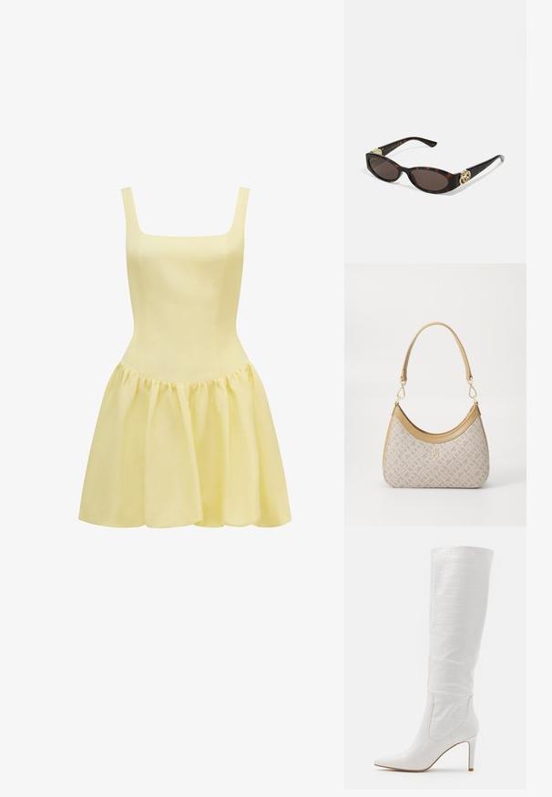 Abito giallo con scollatura quadrata, spalline sottili, corpetto aderente e una gonna svasata e arricciata. Realizzato in tessuto leggero.; RAID TRIBUTE - Stivali con i tacchi - white; Occhiali da sole tartarugati con lenti ovali allungate, tonalità marrone, accenti dorati con logo sulle tempie e aste nere eleganti.; Borsa a tracolla beige con un motivo stampato, forma curvata, dettagli in pelle e un logo dorato sul davanti. Presenta una maniglia corta per un facile trasporto.; Collana di perle e cristalli con un design rotondo a perline in tonalità tenui, caratterizzata da perle alternate e accenti scintillanti, indossata attorno al collo.