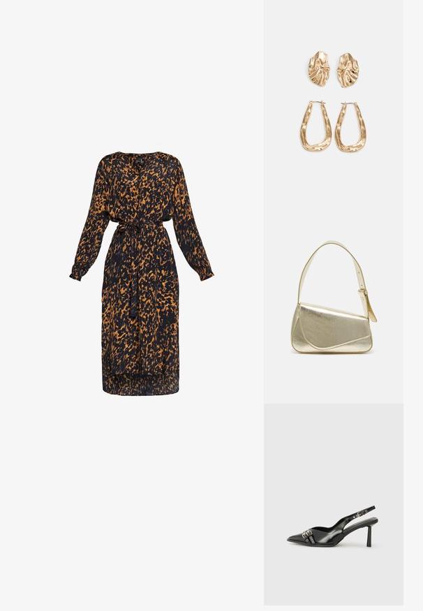 Robe à imprimé animal en noir et orange, à manches longues, décolleté en V, taille cintrée avec un lien, design fluide, mi-long.; Chaussure slingback en cuir verni noir avec un embout pointu, des brides de cheville avec des boucles en argent et des éléments en métal, et un talon fin.; Sac à main en métal doré avec un design structuré, texture lisse et bandoulière ajustable. Présente une forme triangulaire unique et des coutures minimalistes.; Boucles d'oreilles dorées présentant des formes texturées et ondulées. Comprend des clips sculpturaux et un design de créoles ouvertes avec une finition martelée.