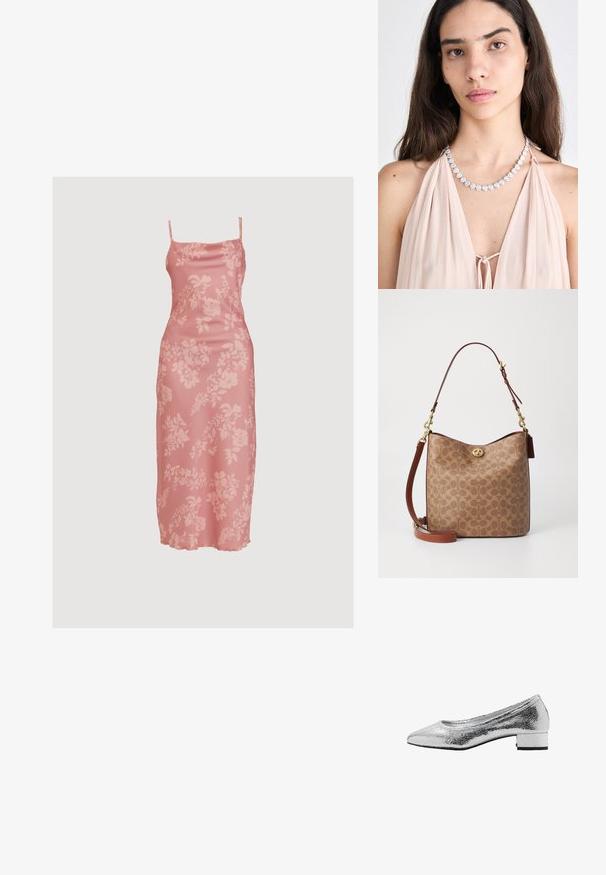 WAL G. CARA MIDI - Koktajl obleka/za zabavo - blush pink; Srebrni metalni balerini z razpokanima teksturo, koničastim nosom, nizkim kvadratnim petam in gladkim notranjim podloženjem.; Kreda usnjena torba za rame z diskretnim krožnim vzorcem, zapiranjem iz zlatega kovinskega materiala in odstranljivim rjavim naramnim trakom.; Srebrna ogrlica v obliki srca s sijajnimi kamni, nosena nad svetlo roza, spuščenim oblačilom. Preprost dizajn s varnim zapiranjem.