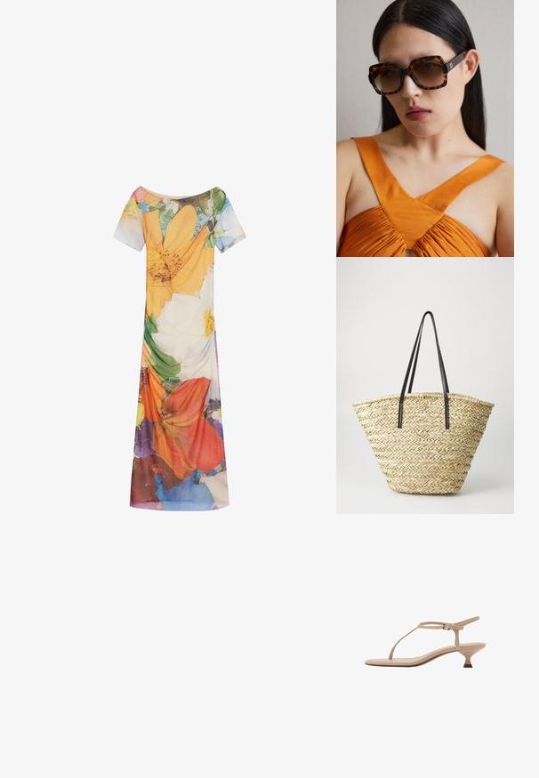 Haljina s cvjetnim uzorkom koja ima kratke rukave, široki izrez i lepršav siluetu. Izrađena od lagane tkanine s živopisnim bojama.; Beige sandala s potpeticom s tankim T-trakom, podešavajućom narukvicom oko gležnja, niskom blok potpeticom i glatkom površinskom teksturom.; Smeđe kornjačaste sunčane naočale oversized s širokim pravokutnim okvirom i gradijentnim lećama. Zlatni logo detalj sa strane.; Torba od pletene slame sa širokim, suženim oblikom, sa dva crna kožna remena. Prirodna bež boja sa teksturiranom površinom.