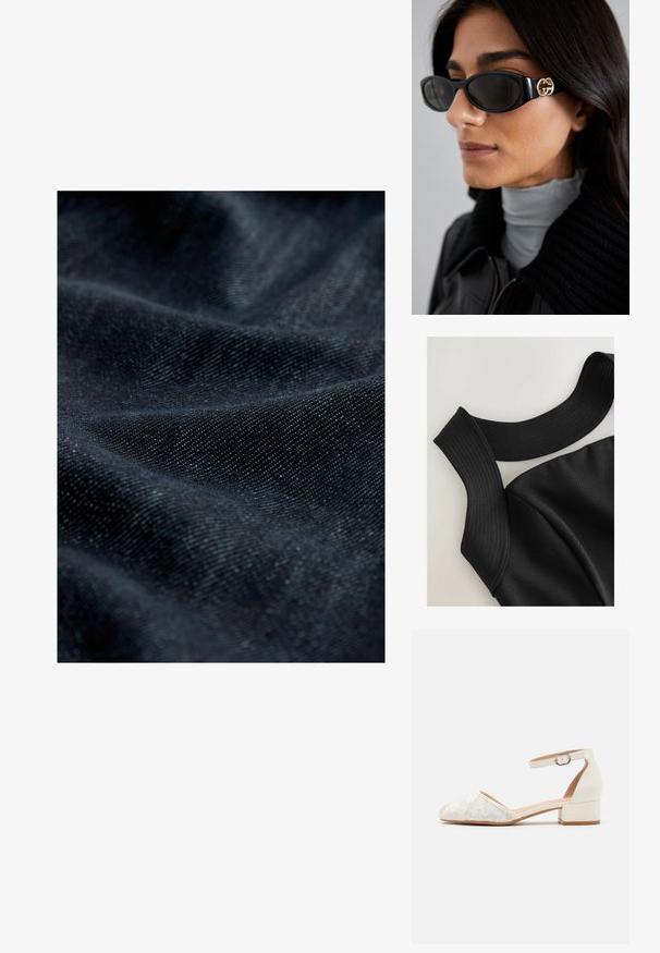 Donkerdenimstof met een subtiele textuur, met een glad oppervlak en een lichte glans, met geplooide en gedrapeerde patronen.; Zwarte mouwloze top met brede ribgebreide banden en een gladde stoftextuur, met afgewerkte naden voor een aansluitend ontwerp.; Witte kanten enkelband schoenen met een lage, chunky hak en een spitse neus. Glad interieur, gestructureerde kanten bovenkant en gespdetail.; Zwarte zonnebril met een stijlvolle rechthoekige montuur en een gouden logo-accent aan de zijkant. Donkere lenzen en een glanzende afwerking zijn opvallend.