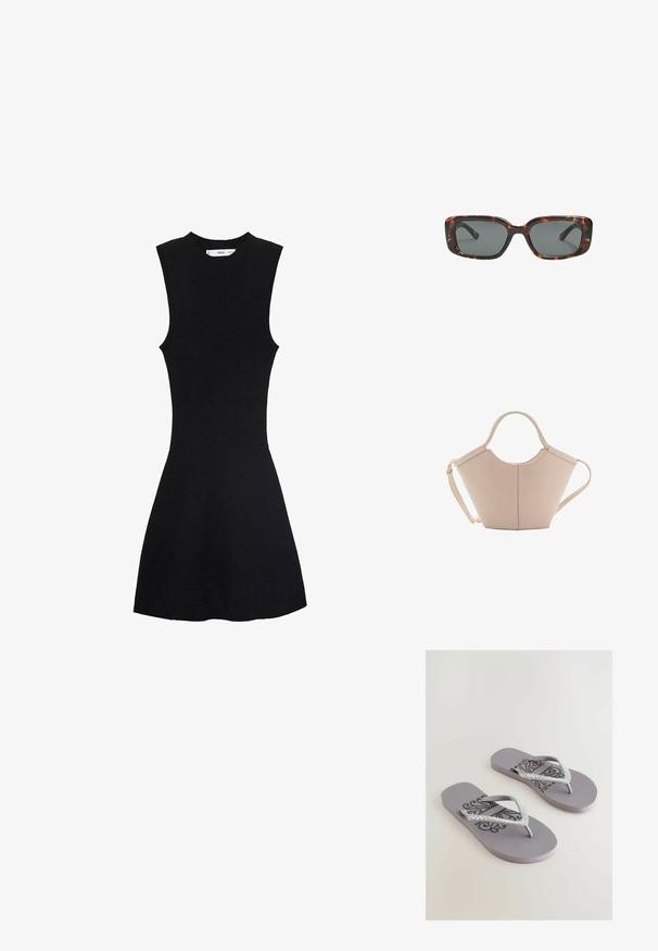 Crna haljina bez rukava od pletenine s uskim korzetom i lepršavom suknjom. Tkanina izgleda glatko s blagom rebrastom teksturom.; Sive japanke s teksturiranim uloškom, s ukrasnim crnim uzorkom i trakama s sjajnim cirkonima u obliku slova V.; Smešane sunčane naočale s pravokutnim lećama, debelim okvirom i tamnim lećama. Glatka tekstura i minimalistički dizajn.; Bež kožna torba jedinstvenog oblika, s dva kratka ručka i dugom podesivom trakom. Glatka tekstura s minimalnim metalnim dodacima.