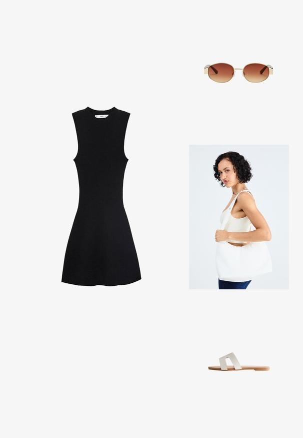 Zwarte mouwloze gebreide jurk met een getailleerde top en een uitlopende rok. De stof lijkt glad met een subtiele geribbelde textuur.; Witte leren slip-on sandaal met een open teen, voorzien van een brede band en een minimalistisch ontwerp. Natuurlijke vlakke zool.; Ronde zonnebril met een gouden metalen kader, bruine gradient lenzen, heldere plastic accenten aan de zijkanten en bruin gemêleerde tempelarmen.; Witte schoudertas van glad materiaal, met een ovale uitsparing en breed riemontwerp. Eenvoudig en modern zonder zichtbare hardware.