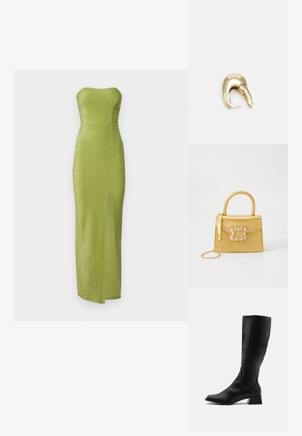 Bešvysis žalias vakarinis suknelė, pagaminta iš blizgaus audinio, turi prigludusią liemenę ir šlaunies aukščio šoną skeltą. Sklandus paviršius, iki grindų siekianti forma.; Juodi iki kelių aukščio batai, pagaminti iš lygios odos, su apvalia nosimi, kukliu kulnu ir elegantišku, prigludusiu dizainu be dekoratyvių elementų.; Geltonas dirbtinės krokodilo odos rankinukas su standžiu dizainu, viršutine rankena, nuimamu grandininiu dirželiu ir dekoratyviniu krištolo papuošimu ant užsegimo.; Aukso tono metalinės auskarai su stilingu, kreiviu dizainu. Išsiskiria ryškiu smailiu pavidalu, poliruota paviršiumi ir užsegimu su vyriu.