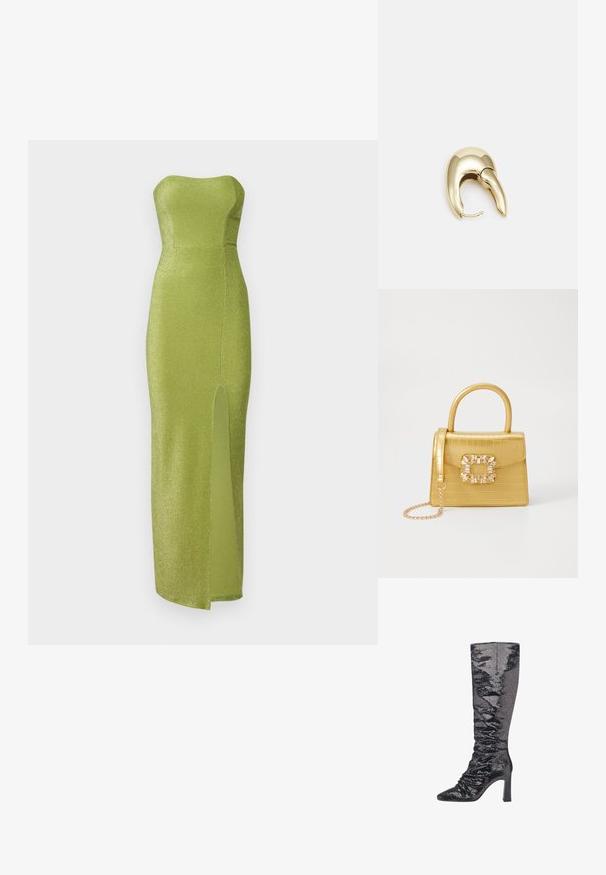 Rihmata puhta rohelise värviga, mis on valmistatud säravast kangast, omades istuvat bodi ja reie kõrgust külg-salu. Sile tekstuur, põrandani ulatuv disain.; Knee-high musta sädeking, millel on terav nina, struktuurne konts ja kokku volditud tekstuur varre ääres, et luua sobiv siluett.; Kollane faux-krokodilli käsipindaga kott, millel on struktureeritud disain, ülemine käepide, eemaldatav kettmass ja dekoratiivne kristallkaunistus klambril.; Kuldtooni metallist kõrvarõngas, millel on elegantne ja kaarjas disain. Omab silmapaistvat teravat kuju, poleeritud pinda ja hingesulgemist.