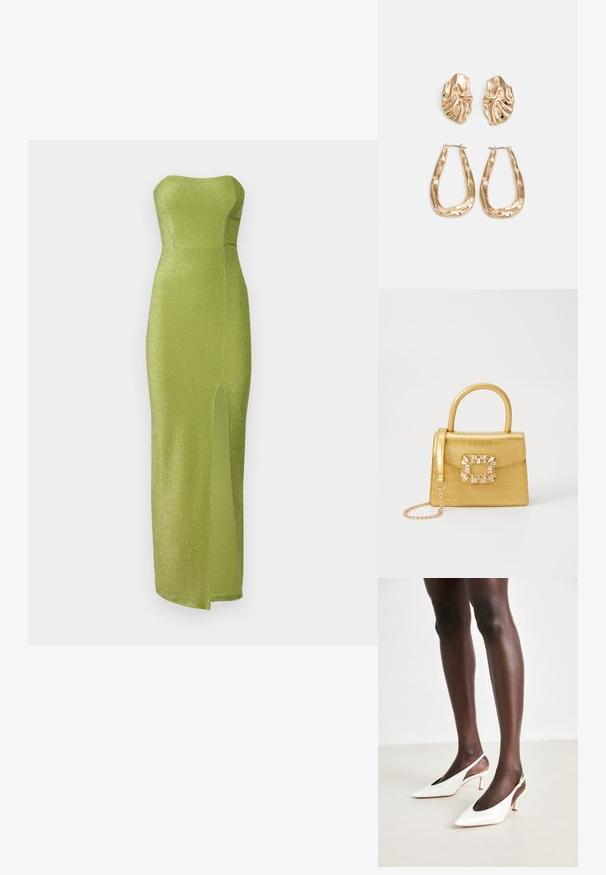 Bezplecu zaļa kleita, izgatavota no mirdzoša auduma, ar pieguļošu krūšu daļu un augšstilba augstumā sānu šķēlumu. Gluda tekstūra, garuma līdz grīdai dizains.; Baltas patentēts ādas siksnīšu papēžu kurpes ar garo purngalu, slaido papēdi un atvērtām malām; gluda tekstūra un minimālistisks dizains.; Dzeltena mākslīgā krokodila roku soma ar strukturētu dizainu, augšējo rokturi, noņemamu ķēdes siksniņu un dekoratīvām kristāla rotājumiem aizdares daļā.; Zelta krāsas auskari ar teksturētām, viļņotām formām. Iekļauts skulpturāls piespraužams modelis un atvērta gredzenveida konstrukcija ar izsistām virsmām.