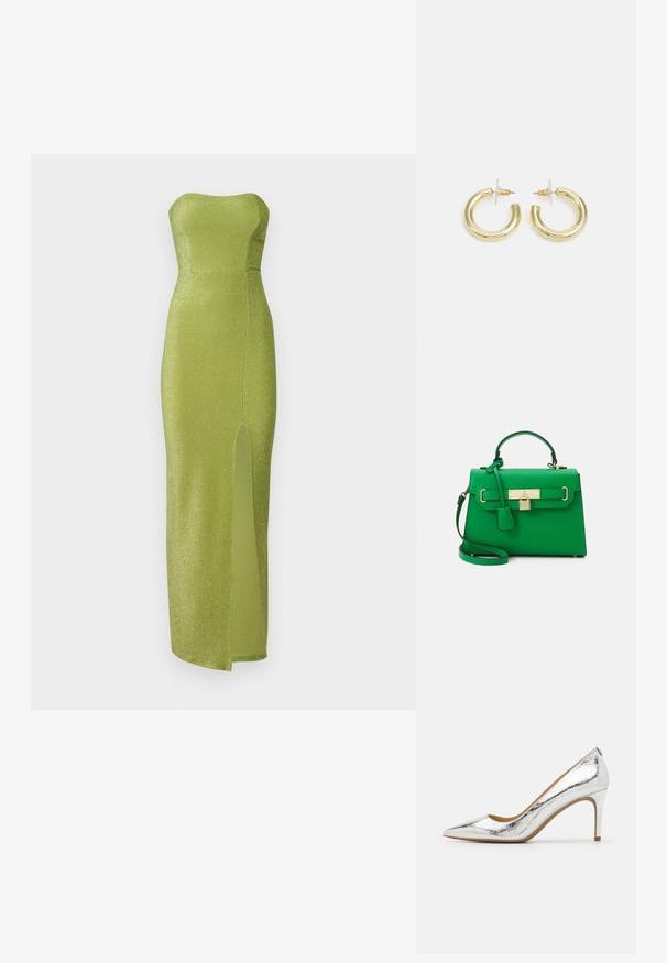 Strapless green gown made from a shimmering fabric, featuring a fitted bodice and a thigh-high side slit. Smooth texture, floor-length design.; Silver metallic pointed-toe high heel shoe featuring a smooth texture, 4-inch heel, and subtle creased pattern along the surface.; Green leather handbag with a structured design, gold hardware, a top handle, and a detachable shoulder strap. Features a lock accent and textured finish.; Gold hoop earrings with a smooth, shiny finish. Circular design featuring a small post and clear backing for secure wear.
