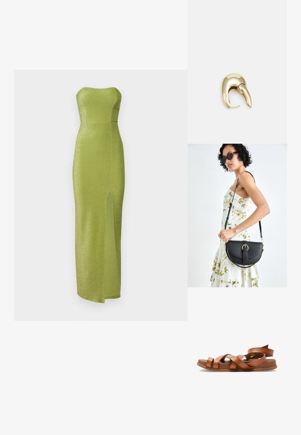 Rochie verde fără bretele, realizată dintr-un material strălucitor, cu un bust ajustat și o fanta laterală până la coapsă. Textură netedă, design până la podea.; Sandale din piele maro cu curele împletite, talpa plată și toc ușor ridicat. Textură moale și design minimalist.; Geantă din piele neagră, cu o formă curbată, curea detașabilă și accesorii aurii. Geanta are un capac cu un detaliu tip cataramă.; Cercei din metal de culoare aurie cu un design elegant și curbat. Prezintă o formă distinctivă, ascuțită, o suprafață lustruită și un sistem de închidere cu balama.