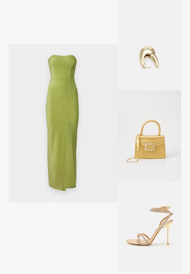 Vestido verde sin tirantes hecho de una tela brillante, con un corsé ajustado y una abertura lateral hasta el muslo. Textura suave, diseño hasta el suelo.; ALDO MANAELDEN PILLOW WALK - Sandalias de tacón - gold-coloured; Bolso de mano de imitación cocodrilo amarillo con un diseño estructurado, asa superior, correa de cadena desmontable y embellecimiento de cristal decorativo en el cierre.; Pendiente de metal en tono dorado con un diseño elegante y curvado. Presenta una forma puntiaguda distintiva, superficie pulida y cierre de bisagra.
