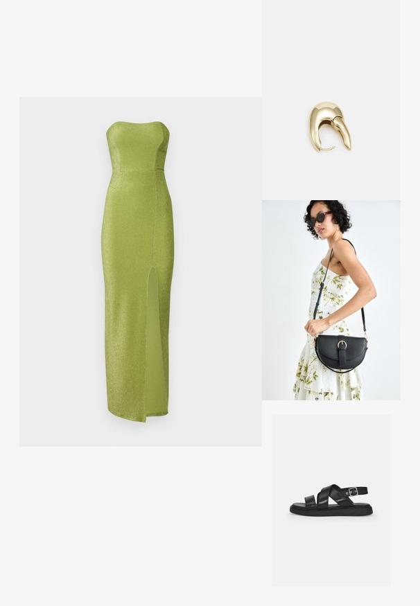Brezramena zelena obleka iz sijočega materiala, z oprijetim korzetom in razporkom ob strani do stegna. Gladka tekstura, dolžina do tal.; Črne usnjene sandale s prečnimi trakovi, nastavljivim zapenjanjem za gleženj, ravnim podplatom in minimalističnim dizajnom. Gladka tekstura z mat površino.; Črna usnjena torbica s ukrivljeno obliko, z odstranljivo naramnico in zlatimi dodatki. Torbica ima pokrov s podrobnostmi v obliki zaponke.; Uhane nakit iz zlatastega tona z gladko, ukrivljeno zasnovo. Ima edinstveno koničasto obliko, polirano površino in zaponko s tečajem.