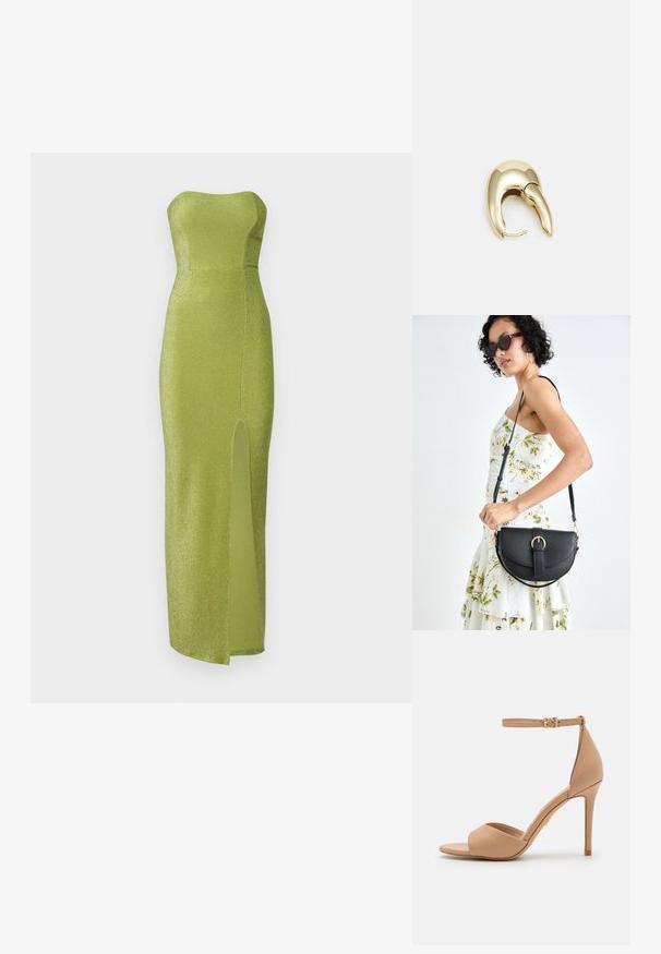 Brezramena zelena obleka iz sijočega materiala, z oprijetim korzetom in razporkom ob strani do stegna. Gladka tekstura, dolžina do tal.; ALDO CRERIDE PILLOW WALK - Sandali - beige; Črna usnjena torbica s ukrivljeno obliko, z odstranljivo naramnico in zlatimi dodatki. Torbica ima pokrov s podrobnostmi v obliki zaponke.; Uhane nakit iz zlatastega tona z gladko, ukrivljeno zasnovo. Ima edinstveno koničasto obliko, polirano površino in zaponko s tečajem.