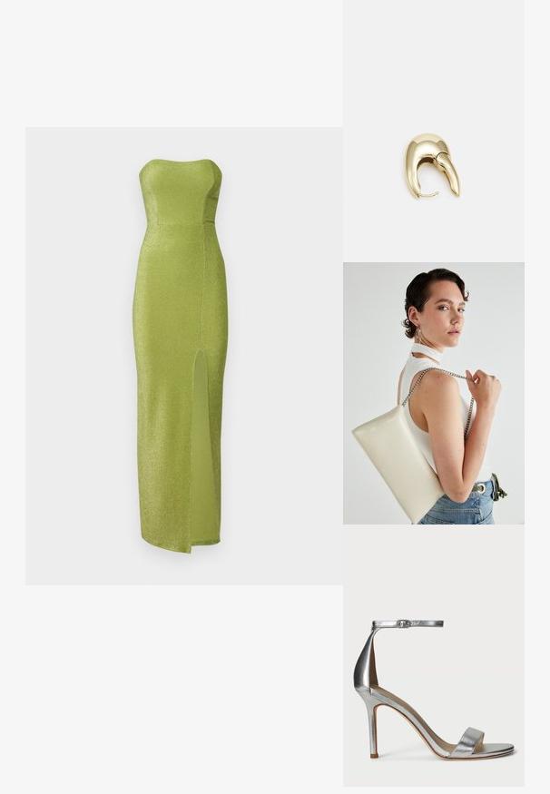 Brezramena zelena obleka iz sijočega materiala, z oprijetim korzetom in razporkom ob strani do stegna. Gladka tekstura, dolžina do tal.; Srebrne sandale na visokih potplatih z ozkim pasom za prste, zankastim pasom okoli gležnja s sponko, elegantna zasnova in gladka kovinska tekstura.; Bela pravokotna torbica za ključe iz sijajnega materiala, opremljena s srebrno verižico. Model pozira in prikazuje torbico na enobarvni podlagi.; Uhane nakit iz zlatastega tona z gladko, ukrivljeno zasnovo. Ima edinstveno koničasto obliko, polirano površino in zaponko s tečajem.