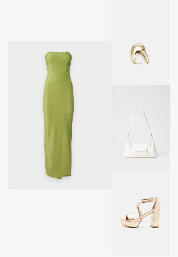 Bezramenné zelené šaty vyrobené z lesklého materiálu, s priliehavým korzetom a vysokým bočným rozparkom až po stehno. Hladká textúra, dĺžka po zem.; Zlaté metalické platformové sandále s robustným blokovým opätkom, otvorenou špičkou a kríženými členkovými pásikmi s prackami. Hladká textura.; Biela syntetická kabelka s trojuholníkovým tvarom, plochým predným klapkou a detailom mašle, nastaviteľným popruhom, hladkou textúrou a minimalistickým dizajnom.; Náušnice z kovu v zlatej farbe s elegantným, zakriveným dizajnom. Majú charakteristický špicatý tvar, leštený povrch a uzáver na pánt.