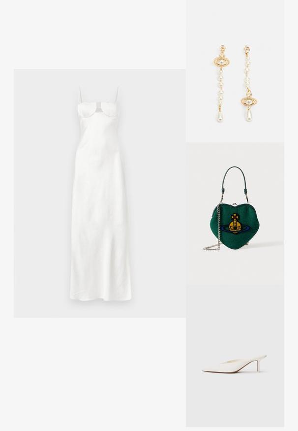 Fehér maxi ruha vékony vállpántokkal, formált mellrésszel és strukturált kosarakkal, valamint elegáns, enyhén bővülő szoknyával.; Hegyes orrú fehér papucs alacsony stiletto sarkúval. Simább anyagból készült, minimalista dizájnnal és diszkrét barna talp részlettel.; Zöld szív alakú kézitáska sárga és kék bolygó emblémával, rövid fogantyúval és ezüst láncszíjjal, fehér háttéren.; Arany színű fülbevalók gyöngy gyöngyökkel és egy kör alakú medállal, amely egy lógó gyönggyel díszített. Az elzárásnál egy tiszta kristály is található.