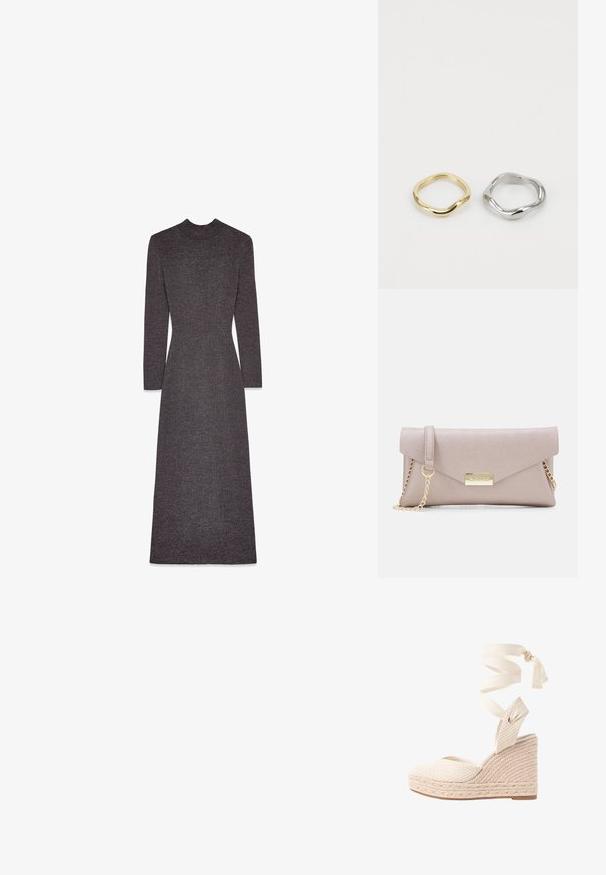 Lang, mørkegrå strikket kjole med høj halsudskæring og lange ærmer, der har en tætsiddende overdel, som blødt udvider sig mod kanten.; Sandal med kilehæl, lavet af vævet tekstureret beige overdel, stofankelindpakning og flettet jute kile. Har lukket hæl og åben tå-design.; Valentino clutch taske i blødt beige stof, med en fold-over flap, guld kædestrop og metal logo-plakette foran.; To ringe vises: en gylden med et glat, snoet design og en sølv med en lignende snoet form, begge på en hvid baggrund.