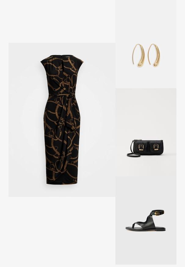 Must mustriga kleit, millel on liibuv rinnaosa ja voolav seelik, kaunistatud kuldse ketimustriga. Sile kangas, lühikeste varrukatega ja seljaosa lukuga.; Must have mustkootud nahast sandaalid, millel on stiilne disain, avatud varvas ja reguleeritav pahkluu rihm, kuldse detailiga. Lame tald.; Must küllastamata nahast õlakott, millel on kaks esist nähtavat taskut, kuldsed pandlad, tõmblukuga sulgemine ja peen rihm. Tekstuuriga pind ja kompaktne ristkülikukujuline kuju.; Kuldtoonilised metallist rõngas kõrvarõngad, millel on kõver ja piklik kuju. Omavad siledat, läikivat pinda ja ümarat tipptugevdust, mis lisab detaili.