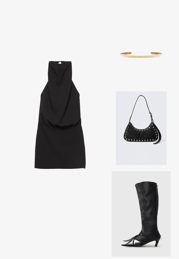 Fekete ujjatlan ruha magas nyakkal, összegyűrt derékkal és kulcslyuk részlettel a hátnál. Simább anyag, egyszerű kialakítással.; Fekete bőr, térd fölé érő csizmák nyitott orral és sarokkal, keskeny sarkú, oldalán cipzárral a könnyű felvétel érdekében. Simább textúra és elegáns dizájn.; Fekete műbőr kézitáska ívelt formával, amelyet kör alakú fémtüskék díszítenek az éle mentén, cipzáros záródással és hosszú pánttal.; Arany színű fém karkötő, sima, fényes felülettel és a szalagon gravírozott "DANIEL WELLINGTON" részlettel.