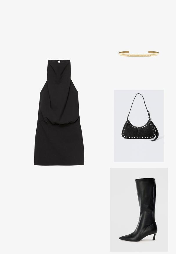 Crna haljina bez rukava s visokim ovratnikom, koja ima nabranu struk i otvor za ključ na leđima. Glatka tkanina s jednostavnim dizajnom.; Crne kožne čizme do koljena s uskim vrhom i umjerenim potplatom. Glatka tekstura i elegantan dizajn s suptilnim detaljima šavova.; Crna torba od umjetne kože s kružnim oblikom, ukrašena okruglim metalnim zakovicama duž ruba, sa zatvaračem i dugim remenom.; Zlatni metalni narukvica u obliku manšete s glatkom, poliranom završnom obradom i ugraviranim detaljem "DANIEL WELLINGTON" duž remena.