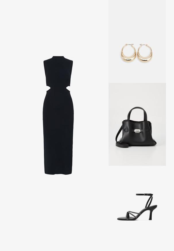Abito maxi nero senza maniche con collo alto e dettagli intagliati simmetrici in vita su entrambi i lati.; Sandal con tacco alto nero e punta aperta, caratterizzata da cinturini incrociati decorati con piccole perle e una cinghia alla caviglia regolabile.; Borsa a tracolla in pelle nera con finitura textured, dotata di due manici superiori, una tracolla rimovibile e un dettagli di chiusura in argento.; Orecchini a cerchio tonalità oro con forma a mezzaluna, superficie lucidata e chiusura a cerniera. La texture liscia e la finitura riflettente migliorano la visibilità.