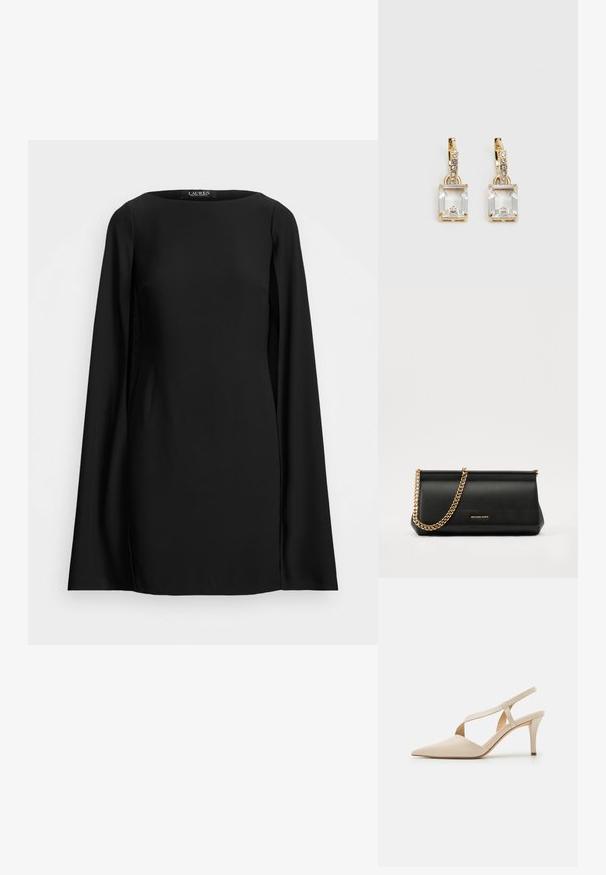 Svart langermet kjole med rund hals, jevn tekstur og rett snitt. Minimalistisk design uten mønstre eller detaljer.; Beige slingback hæler med spids tå-design. Lavet af glat materiale, med en slank hæl og krydsrem detalje for en sikker pasform.; Svart skinnkuvertveske med en gullkjede-rem, med en glatt tekstur, rektangulær form og preget merkevare på forsiden.; Gullfargede øreringer med en rektangulær, klar krystall som henger under en rad av små, runde klare akenter. Elegante, moderne design.