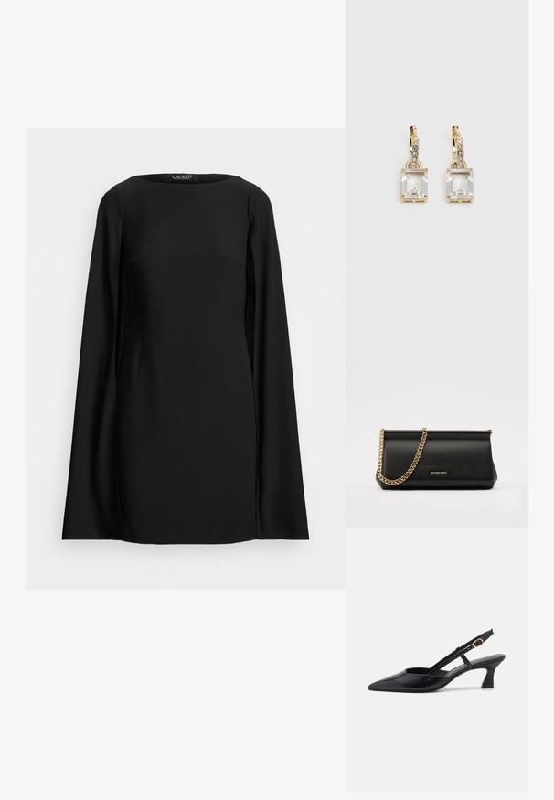 Schwarzes Langarmkleid mit Rundhalsausschnitt, glatter Textur und geradem Schnitt. Minimalistisches Design ohne Muster oder Verzierungen.; Schwarze Leder-Slingback-Schuhe mit spitzer Zehenform, niedrigem Absatz und verstellbarem Riemen mit einem goldenen Ring-Akzent. Glatte Textur und minimalistisches Design.; Schwarze Leder-Clutch mit einer goldenen Ketten-Trage, die eine glatte Oberfläche, rechteckige Form und geprägtes Branding auf der Vorderseite aufweist.; Ohrringe in Goldfarbe mit einem rechteckigen, durchsichtigen Kristall, der unter einer Reihe kleiner, runder klarer Akzente hängt. Elegantes, modernes Design.