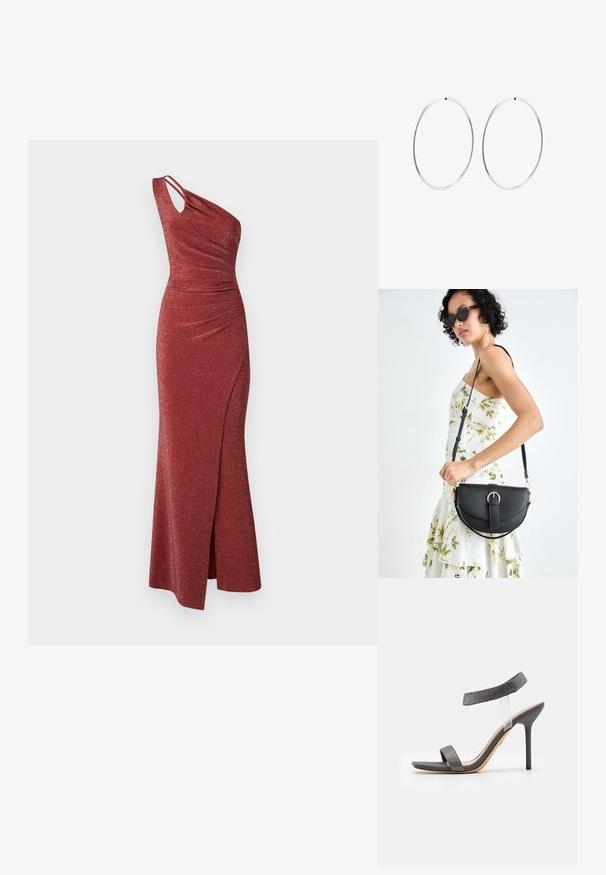 Vienas pleca, garš sarkans mirdzošs kleitas tērps ar ručkām, asimetrisku jostas līniju un sānu izgriezumu, kas nodrošina papildu kustību.; Melni augstpapēžu sandales ar caurspīdīgu siksniņu, teksturētu virsu un šauru stiletto papēdi. Tam ir plaša priekšējā lente un spīdīgi akcenti.; Melnas ādas rokassoma ar izliekta formu, noņemamu siksnu un zelta aksesuāriem. Somai ir vāciņš ar sprādzes detaļu.; Sudraba riņķa auskari ar gludu, apaļu dizainu un pulētu apdari. Tie ir plāni un viegli, ar vienkāršu aizdari.