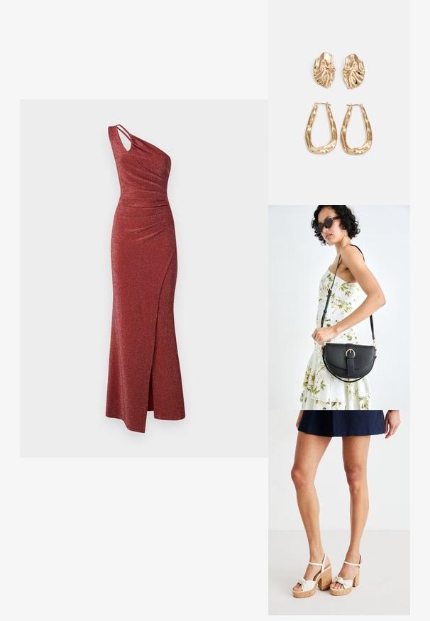 Ühe õlaga, pikk punane sädeluskleit, millel on kogumise detail, ebaühtlane taljejoon ja külgslits, mis lisab liikumisvabadust.; Valged platvormsandaalid, millel on korkalus, sõlme eesdisain ja pahkluu rihm toe tagamiseks. Siledat tekstuuri ja vastupidav, plokk-konts.; Mustmust mustraha kõverate joontega, eemaldatava rihmaga ja kuldsete detailidega. Kotil on klapp, millel on pandladetail.; Kuldse värvi kõrvarõngad, mis on kaunistatud tekstuursete ja laineliste kujunditega. Komplektis on skulpturaalsed klamber kõrvarõngad ja avatud rõngasdisain, millel on lõhestatud viimistlus.