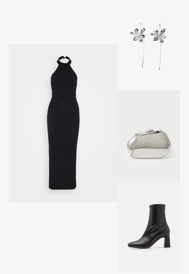 Robe noire à encolure halter avec un corsage ajusté et une jupe longue et élégante. Fabriquée dans un tissu lisse avec un léger éclat.; Bottine en cuir noir avec une finition lisse, un bout pointu et un talon carré. Présente une tige haute et des coutures ton sur ton sur le haut.; Pochette en métal argenté avec une forme arrondie et lisse. Dispose d'une fermeture à clip et d'une bandoulière détachable. Surface réfléchissante sans motifs.; Boucles d'oreilles en argent en forme de fleur avec une finition texturée, présentant de longs crochets et des détails en forme de pétales pour un design complexe.