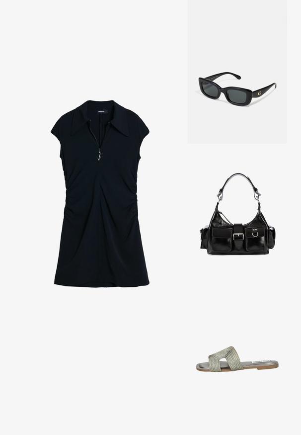 Abito nero con colletto classico, maniche corte e chiusura frontale con zip. Presenta dettagli arricciati sui lati per una silhouette aderente.; Steve Madden Ciabattine - pewter; Occhiali da sole rettangolari neri con lenti scure, realizzati in plastica liscia. Presentano un accento con logo dorato su un asticella.; Borsa a mano in pelle nera con finitura lucida, dotata di una fibbia centrale, due tasche frontali e una tracolla corta.