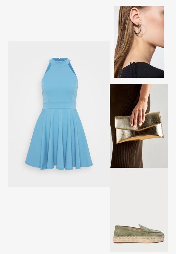 Gaiši zils bezpiedurkņu kleita ar augstu dekoltē, pieguļošu korseti un izplestu svārku. Izgatavota no gludas auduma ar krokotā dizaina elementiem.; Zaļi zamša loaferi ar austas jūtas zoli. Klasiskais dizains ietver priekšējo šuvumu un šūšanas detaļas. Šaurs siluets un mīksta tekstūra.; Zelta metalizēta sajūga soma ar gludu tekstūru, kuru rotā trīsstūrveida vāks. Rokai, kas to tur, ir kārtīgi apgriezti nagi.; Sudraba auskars ar pulētu apdari, ar maziem zelta akcentiem un apaļu formu, uz ausu ļipiņas.