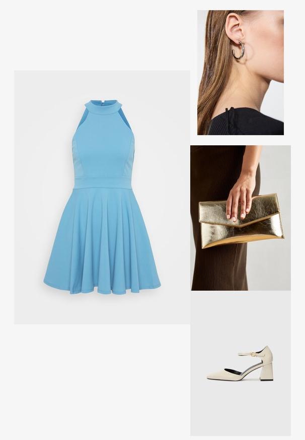 Lysblå, ærmeløs kjole med høj hals, tætsiddende bodice og udvidet nederdel. Fremstillet af glat stof med plisseret design.; Beige faux læder sko med blokhæl, spids tå, ankelsnap og subtile krokodillemønster detaljer. Sort inderfor.; Guldmetalisk clutch-taske med en glat tekstur, der har en trekantet klaplukning. Den hånd, der holder den, har pænt manicurede negle.; Sølv hoop ørestik med en poleret overflade, prydet med små guld accenter og en rund form, båret på øreflippen.