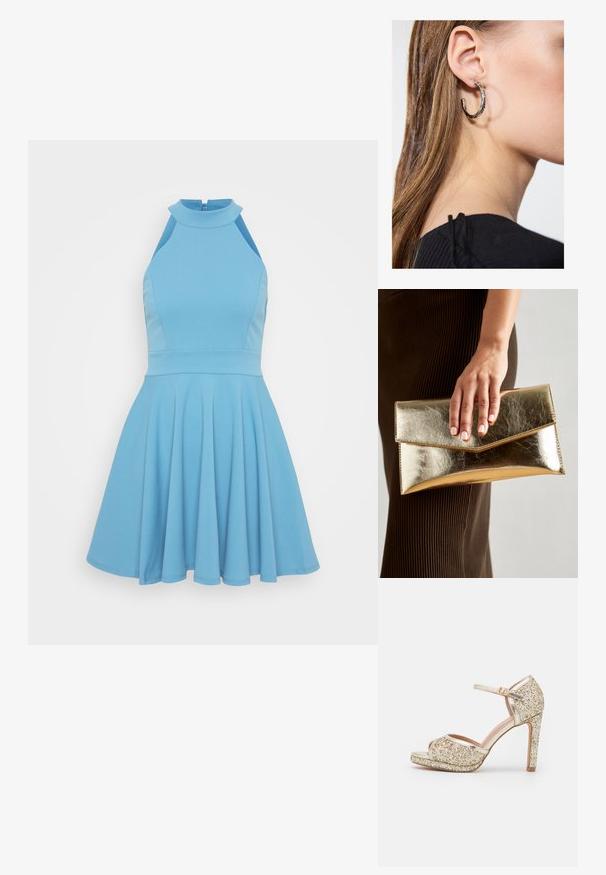 Light blue sleeveless dress with a high neckline, fitted bodice, and flared skirt. Made from smooth fabric with a pleated design.; Gold glitter high-heeled sandal with an open toe, ankle strap, and chunky platform. Smooth metallic accents enhance the overall design.; Gold metallic clutch bag with a smooth texture, featuring a triangular flap closure. The hand holding it has neatly manicured nails.; Silver hoop earring with a polished finish, featuring small gold accent details and a round shape, worn on the lobe.