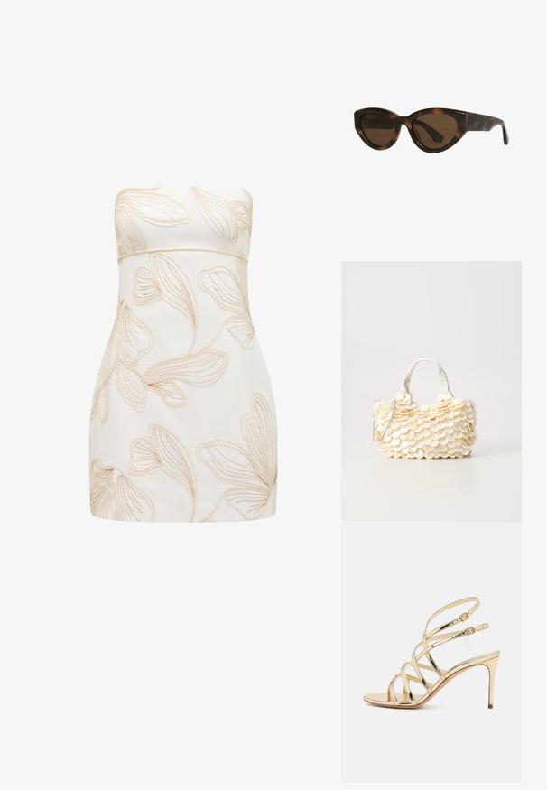 Beżowa sukienka bez ramiączek z wypukłymi wzorami kwiatowymi w jasnym odcieniu. Dopasowany krój, gładka faktura, długość do kolan i brak widocznych zapięć.; Casadei JULIA złoty; Okulary przeciwsłoneczne w stylu kocich oczu w kolorze motyla, z brązowymi soczewkami, charakteryzujące się gładkimi, błyszczącymi plastikowymi oprawkami oraz eleganckim designem. Brak widocznych logo lub akcentów.; Biała torebka z teksturowanymi, falistymi ozdobami w kształcie muszli. Posiada plecioną rączkę oraz srebrny łańcuch, co zapewnia wszechstronność.