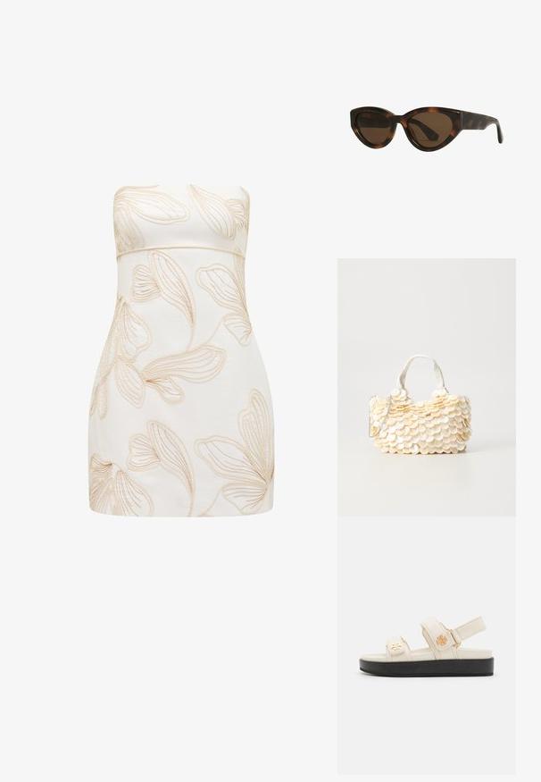 Beigiams suknelė be petnešų su rausvai kreminiu reljefiniu gėlių raštu. Prigludęs siluetas, lygus paviršius, iki kelių ilgio ir be matomų užsegimų.; Bežinės reguliuojamos šlepetės su lygiu paviršiumi, turinčios dvi juostas ir juodą platformos padą. Kiekvienoje juostoje yra auksinis logotipas.; Vėžliuko kiauto katės akies saulės akiniai su rudos spalvos lęšiais, turintys lygius, blizgius plastiko rėmelius ir elegantišką dizainą. Nėra matomų logotipų ar akcentų.; Balta rankinė su tekstūruotomis, bangų formos dekoracijomis. Yra nurašyta rankena ir sidabrinė grandinėlė, leidžianti įvairiais būdais nešioti.