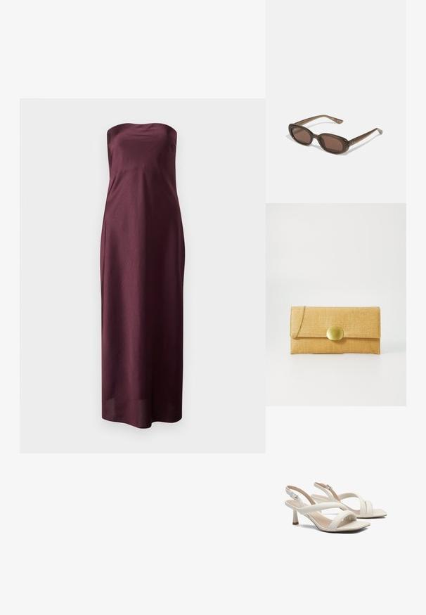 Burgunderfarbendes, trägerloses Maxikleid aus einem glatten, leichten Stoff mit einem taillierten Oberteil und einer fließenden, geraden Silhouette.; Weiße Slingbacksandalen mit überkreuzten Riemen, minimalistischem Design, quadratischer Zehenform und schmalem Absatz. Glattes Material mit mattem Finish.; Braune ovale Sonnenbrillen mit dunklen Gläsern. Das Gestell besteht aus einem transparenten braunen Material und hat ein auf den Bügeln aufgedrucktes Logo.; Gelbe strukturierte Clutch mit einem umklappbaren Deckel, vervollständigt mit einem goldenen ovalen Verschluss und einem dünnen goldenen Kettenriemen.