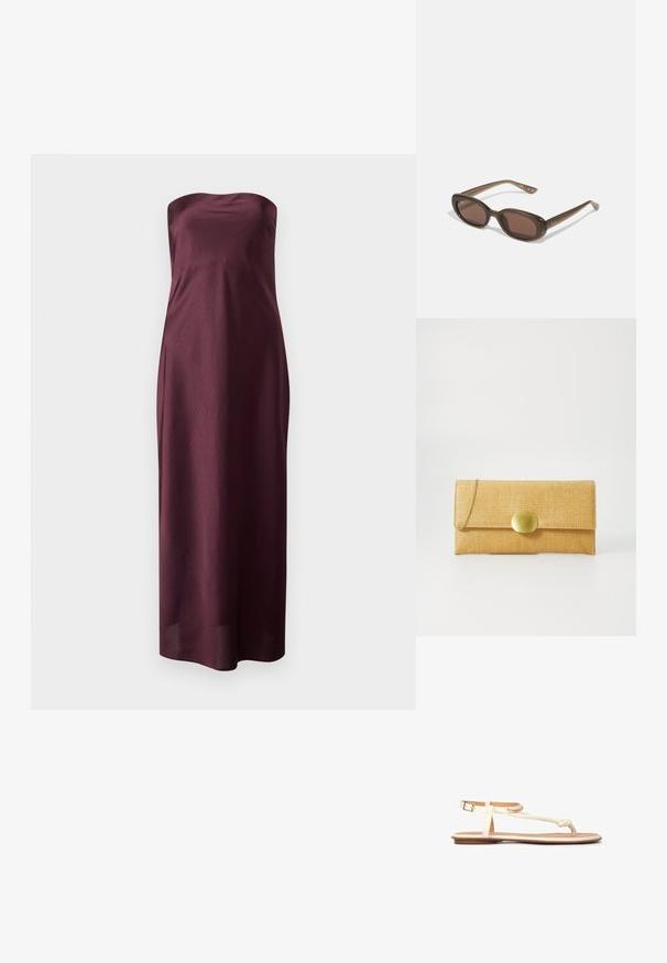 Burgundy strapless maxi dress in a smooth, lightweight fabric with a fitted bodice and a flowing, straight silhouette.; Light beige open-toe sandals with a braided strap design, adjustable ankle buckle, and flat brown sole. Smooth material and minimal accents.; Brown oval sunglasses with dark lenses. Frame has a transparent brown material and features a logo printed on the temples.; Yellow textured clutch bag with a fold-over flap, completed by a gold oval clasp and a thin gold chain strap.; NA-KD 2-PACK - Bracelet - gold-coloured