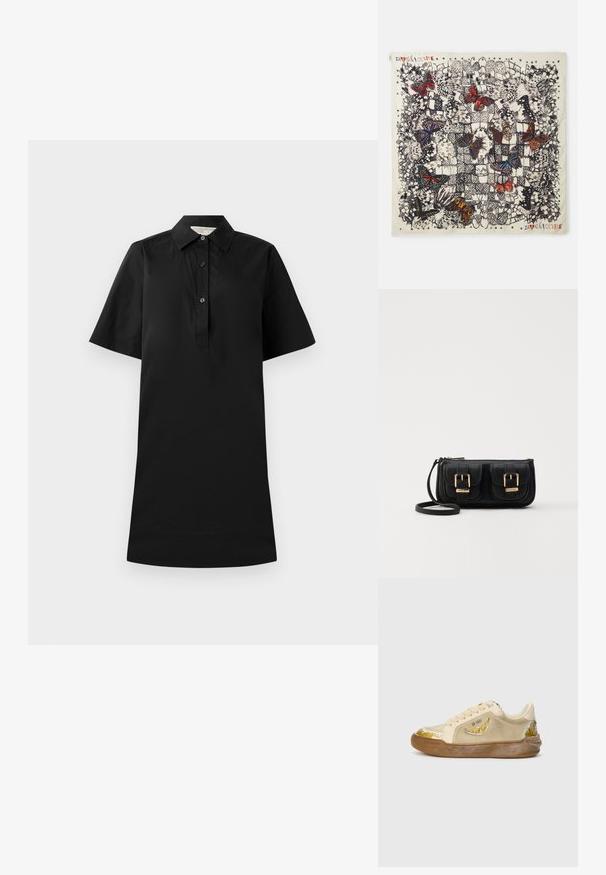Abito nero a maniche corte con colletto, pattina con bottoni e silhouette dritta. Realizzato in tessuto leggero con una superficie liscia.; Sneakers beige realizzati in camoscio e gomma. Presentano un motivo curvo bianco e oro sulla punta e sul lato. Punta arrotondata e design con lacci.; Foulard quadrato in seta con illustrazioni dettagliate di farfalle in vari colori su uno sfondo chiaro, con contorni neri e motivi decorativi.; Borsa a tracolla nera in pelle con due tasche frontali, fibbie dorate, chiusura con zip e una tracolla sottile. Superficie texturizzata e forma rettangolare compatta.