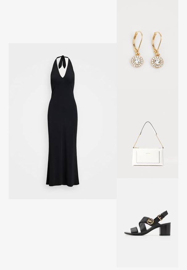 Melnā halter tipa kleita ar dziļu V veida dekoltē, pieguļoša silueta un izplūdušu apakšējo daļu. Materiāls izskatās gluds un viegls.; Melna ādas sandaļi ar krustveida siksnām un apaļu MK logotipu. Bloku papēdis ir vidēja augstuma, nodrošinot stabilitāti un elegantu dizainu.; Baltā ādas rokassomu ar teksturētu apdari, ar zelta ķēdes siksnu un melniem akcentiem. Iekļauj priekšējo kabatu un aizdari ar rāvējslēdzēju.; Zelta apliņu auskari ar centrālo caurspīdīgo kristālu, ko ieskauj mazāki caurspīdīgi akmeņi, aprīkoti ar aizdares mehānismu, kas nodrošina drošu valkāšanu.